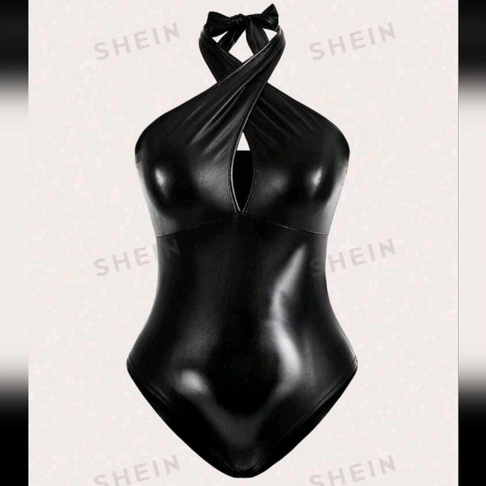 SHEIN Plus Size Women's Faux Leather Cross Halterneck Bodysuit